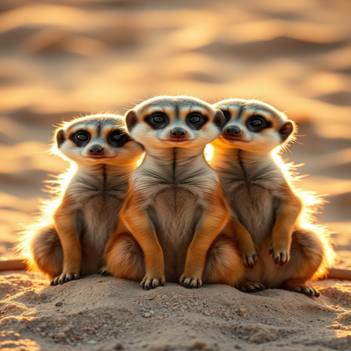 three adorable meerkats with large expressive eyes sitting close together on sandy ground, soft golden sunlight illuminating their fur, shallow depth of field to blur the background, shot with a Canon EOS R5 at 50mm f/1.4, ISO 100, 1/500s, utilizing natural light and a warm color palette