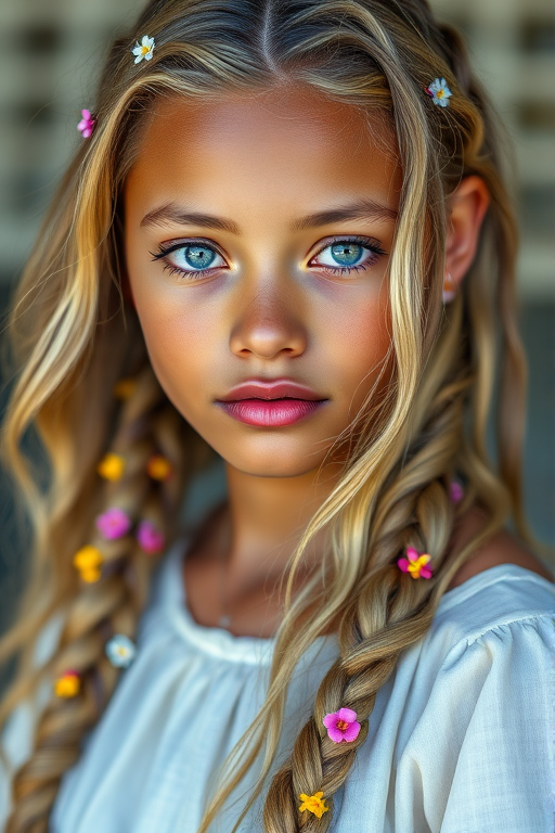 Create an image of a young Garifuna woman with long, wavy blonde hair, adorned with small, colorful flowers woven into her braids and loose strands. Her complexion is fair, with soft, glowing skin, and she has light blue eyes that gaze softly at the viewer. She wears a light, flowing dress with a gentle, ethereal quality, complementing her delicate and serene appearance. The background is slightly blurred, drawing focus to her tranquil expression and the intricate details of the flowers in her hair. The overall mood of the image is one of natural beauty and grace, evoking a sense of peacefulness and connection with nature.