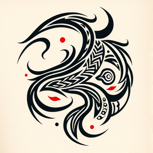 Tribal tattoo "Ancient Echoes" featuring bold, sweeping black lines and intricate patterns inspired by Polynesian and Maori designs, with subtle red accents for added depth and contrast