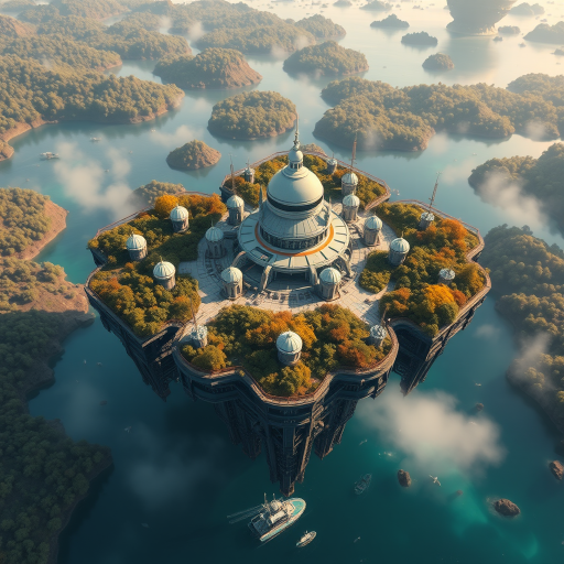 Futuristic floating city surrounded by water and trees, aerial view, vivid colors, high dynamic range, f/8 aperture, 1/200 sec shutter speed, ISO 100, wide-angle lens, digital camera, photorealistic rendering.