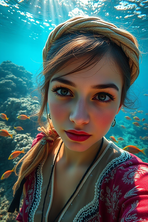 Realistic selfie image of a Turkish, wearing a vintage outfit, detailed dreamy eyes, droopy hooded eyes, staring at the camera, taken underwater at coral reef with a sunbeam filtering through the water, vibrant, summer vacation, natural lighting, turtle and school of tropical fish with vibrant colors, rendered in the style of CryEngine, Pegi Nicol MacLeod, with realistic genre scenes, hauntingly beautiful narratives, ultra-realism, and Thomas Saliot's close-up technique, 8K resolution, crystal clear and sparkling water.