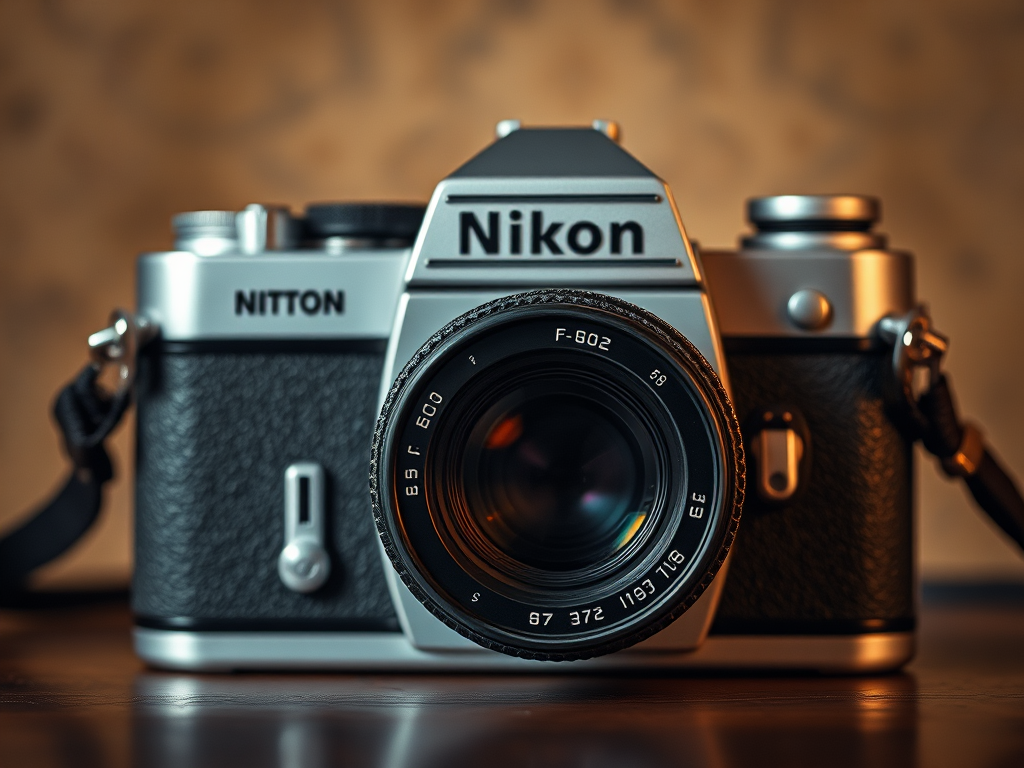 Capture an artistic shot of a vintage Nikon camera with a 50mm lens set at f/2, ISO 100, shutter speed 1/60s, with a shallow depth of field, using a macro lens perspective and a warm moody background to enhance the camera's details and textures.