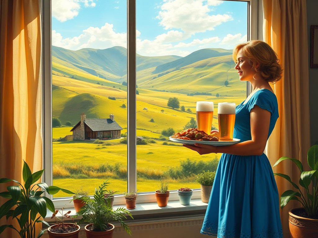 In "A Glass of Beer on the Highland," a serene scene is depicted in a sunlit room where a woman in a vibrant blue dress stands by a large window. She holds a tray with a hearty meal and a frothy glass of beer, embodying a moment of relaxation. Outside, the breathtaking highland landscape features rolling green hills and a charming traditional house, all bathed in warm afternoon light. The interior is adorned with potted plants, creating a harmonious blend of comfort and nature. The painting beautifully captures the tranquility and joy found in simple pleasures amidst stunning scenery