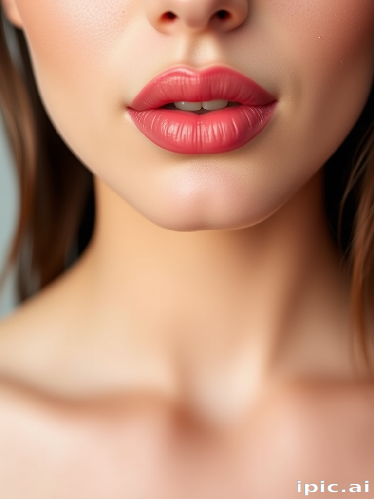 Delicate ombre effect transitions from pale pink to deep rose on perfectly shaped lips, highlighting their voluminous appearance and smooth, hydrated surface