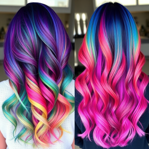 Multi-toned rainbow hair in long, flowing waves showcases the "Prism Cascade" style, featuring a seamless blend of vibrant hues that transition from deep indigo at the roots through shades of emerald, sapphire, amethyst, ruby, and golden topaz, culminating in pale pink tips that create a mesmerizing spectrum of color