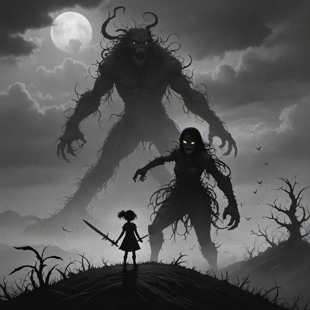 Fight your fears illustration of black and white minimalist of a little girl standing on a hill, raising a sword in hand, she is facing a large menacing creature with large head, sharp teeth and sharp claws, its body is made of vines and roots. The background is a cloudy sky with a hint of smoke or fog. The overall mood of the image is dark and eerie.