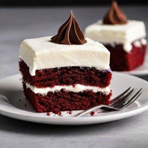 Create an image of two small red velvet cakes layered with cream cheese frosting, topped with whipped cream, a piece of dark chocolate, and a sprinkle of powdered sugar. The cakes should be presented on a white rectangular plate with a light, elegant background.