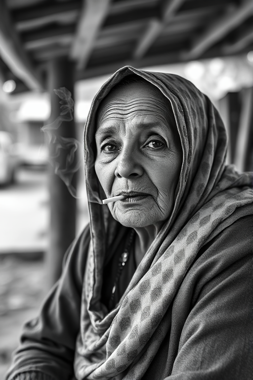 Capture a close-up portrait of an elderly woman sitting under a wooden structure, smoking and wearing a traditional headscarf, in black and white, using a DSLR camera with a 50mm lens, aperture f/2.8, ISO 100, natural light, shallow depth of field for a soft background blur.