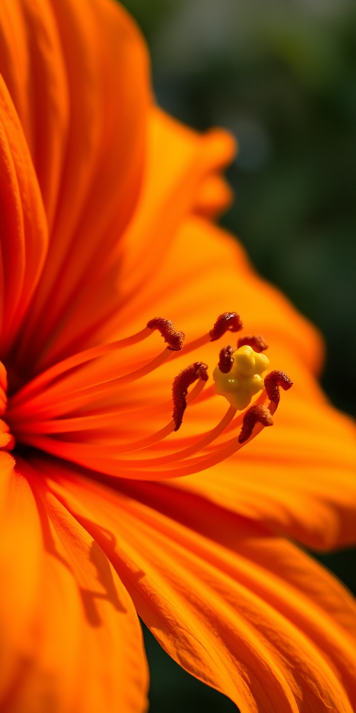 Close-up of an orange flower with intricate details of the petals and stamen, with soft natural lighting, f/2.8 aperture, 100mm macro lens, ISO 200, taken with a DSLR camera.