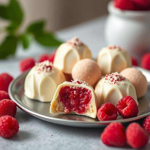 Soft focus shot of white chocolate truffles filled with raspberry coulis on a silver plate surrounded by fresh raspberries, using a Canon EOS R5, 50mm lens, aperture f/2.8, ISO 100, natural lighting for enhanced quality.