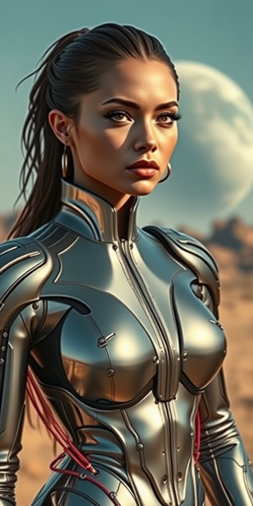 Create a high-resolution portrait of a futuristic woman in a metallic suit with intricate details, set against a surreal alien landscape with a large planet in the background, shot with a Canon EOS R5 at f/1.4, ISO 100, 50mm lens and a dramatic lighting style to enhance reflections and textures.