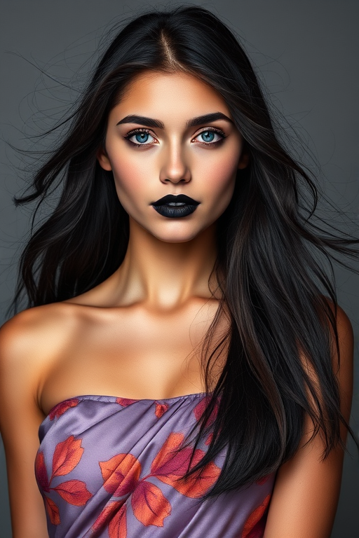 Photographic image of a beautiful young Native American woman, blue eyes, lips with black lipstick, long hair fluttering in the wind and wearing a silk strapless dress with a soft purple and orange print. monochrome image with only color highlights in the iris of the eyes, lipstick and dress. Gray background.