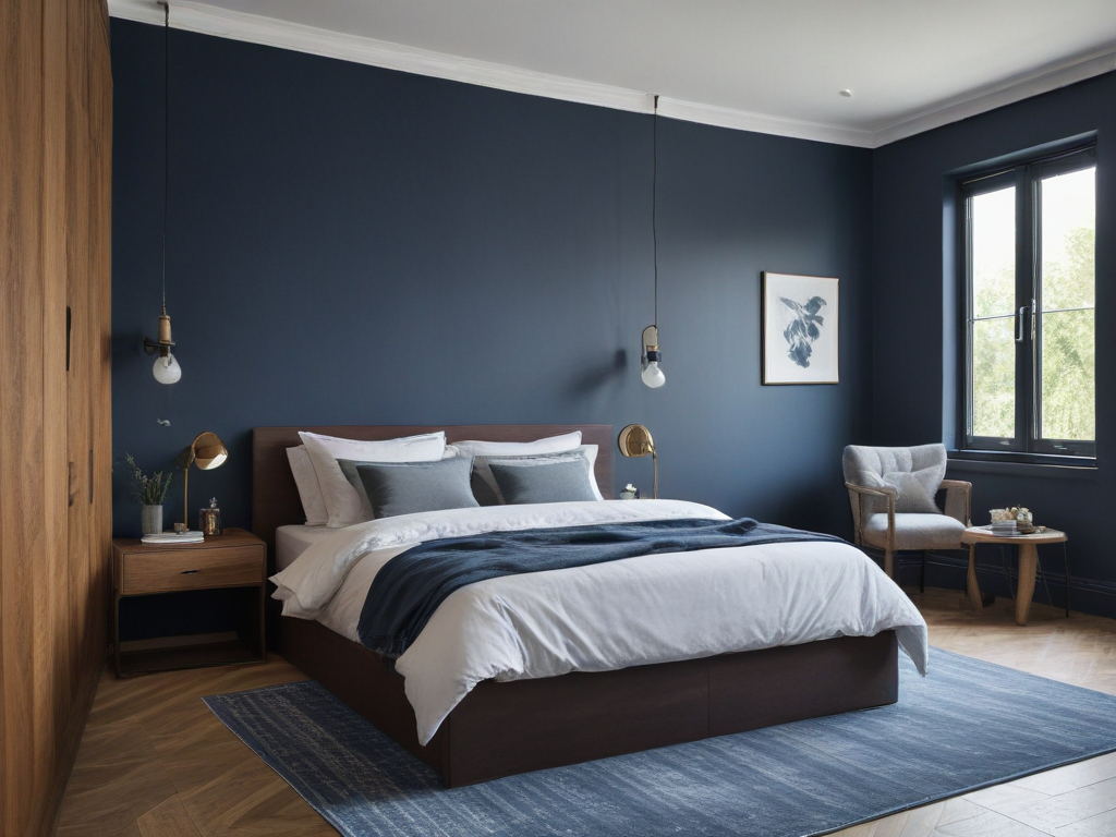 interior design image of a bedroom with wooden floor, dark blue walls ...
