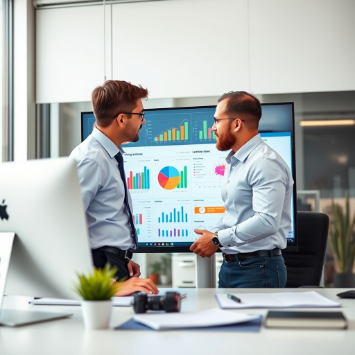 professional office setting with two individuals analyzing colorful data visualizations on a large monitor, lens aperture f/2.8, shutter speed 1/60s, ISO 200, focal length 35mm, DSLR camera, soft natural lighting, shallow depth of field