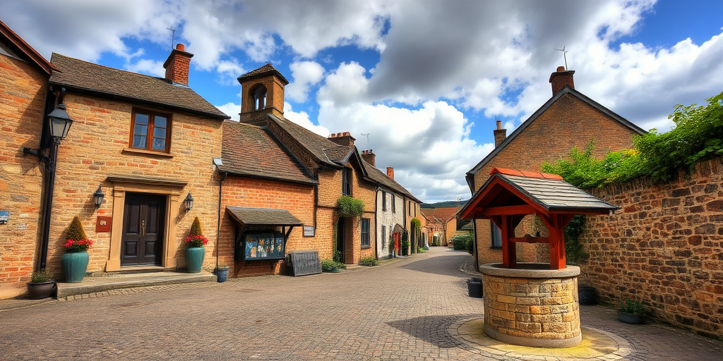 Capture a picturesque village street scene with charming stone buildings, cobblestone pavement, and a rustic well, under a partly cloudy sky, using a DSLR camera with a 24mm lens, aperture set to f/8 for depth of field, ISO 200 for clarity, and a slight HDR effect for enhanced detail and vibrancy.