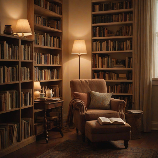 Warmly lit photo of a small library nook with a comfy armchair, soft light from a lamp illuminating a stack of books and a steaming cup of tea on a side table.