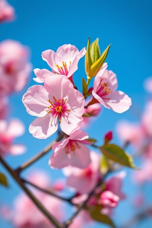Create a vibrant, high-resolution macro photograph of blooming pink cherry blossoms against a clear blue sky, captured with a Canon EOS R5, 100mm macro lens, f/2.8 aperture, ISO 100, with soft natural lighting to enhance the delicate details of the petals and leaves.