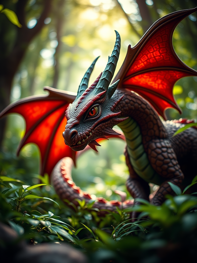 fantasy dragon character in a lush green forest, shallow depth of field, soft natural lighting, DSLR camera, ISO 100, f/2.8, 50mm lens, vibrant color saturation, high-resolution details