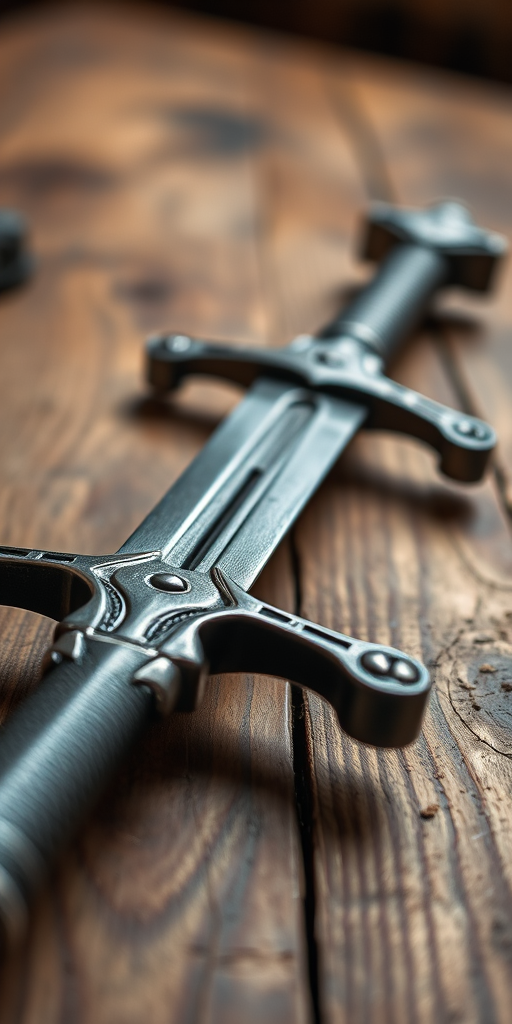 A highly detailed medieval sword lying on a wooden table, captured with a Canon EOS R5 at f/2.8, ISO 100, 1/250s, using a macro lens for close-up details in natural light.