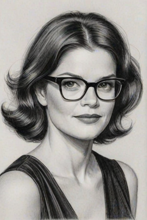 Bewitching Betsy Brandt, pencil sketch, portrait of Ravishing woman 1935s in glasses, hair style beatnik, outline, clear lines, fine lines, 8k