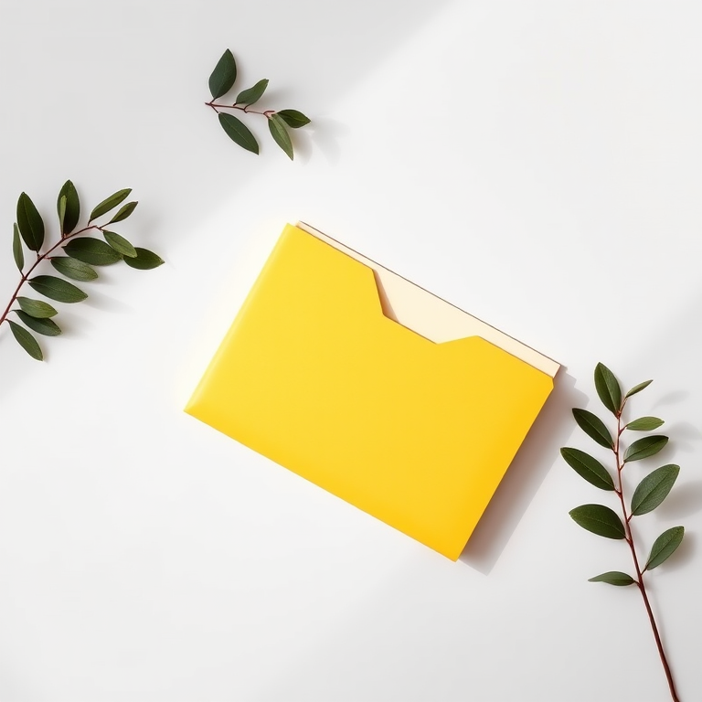 Create an image of a yellow folder on a white background, captured with a DSLR camera, 50mm lens, aperture f/2.8, ISO 100, in natural light, top-down view, with soft shadows for a clean and professional look.