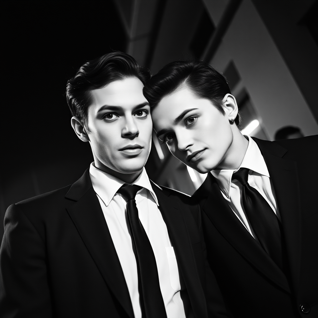 Black-and-white photograph, couple, tailored suits, retro hairstyles, film noir style, Tilt the camera for a dynamic Dutch angle using a versatile 24-70mm lens