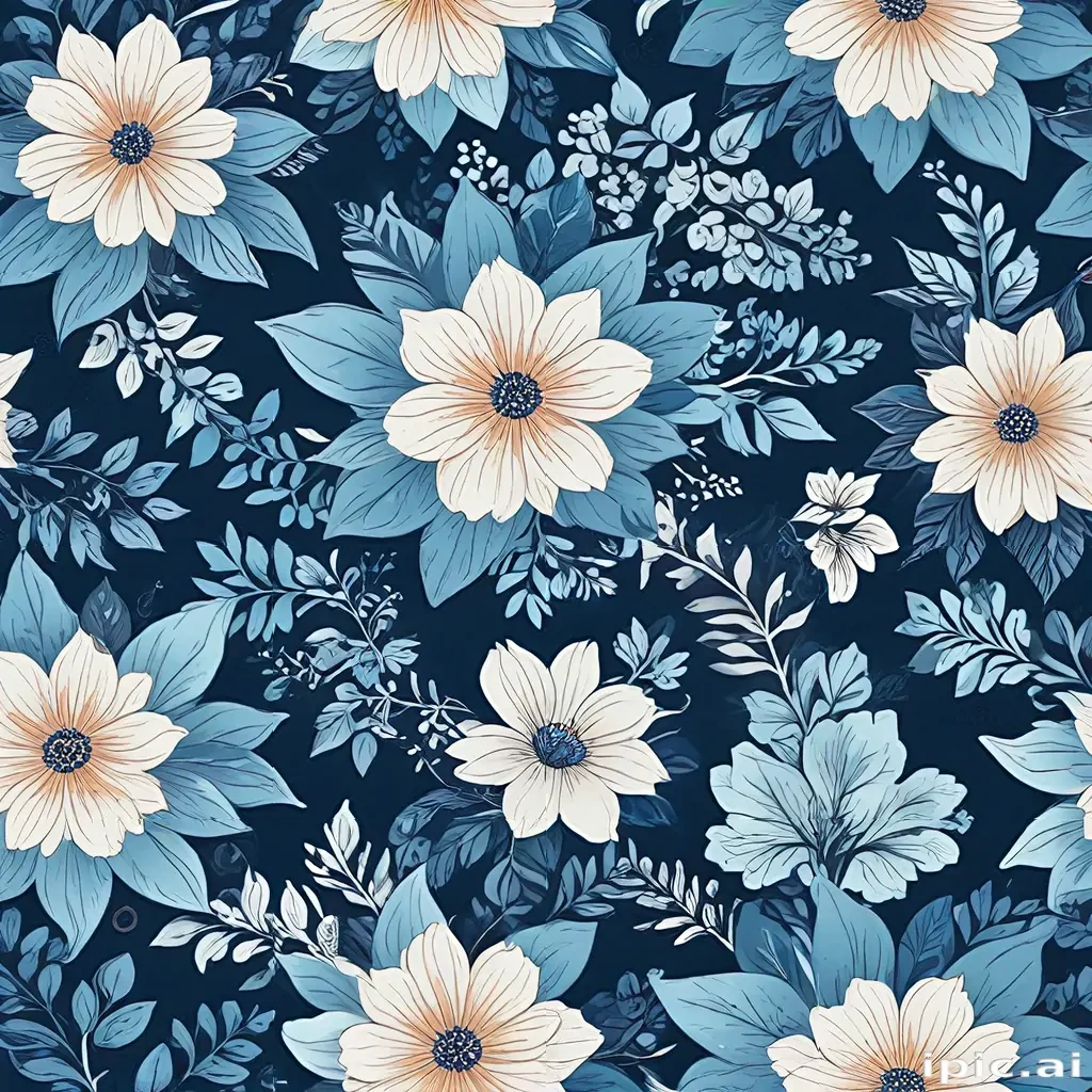 Elegant Floral Pattern Featuring Blue and Cream Blooms on Dark Background