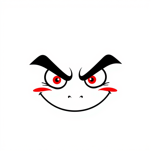 Create a minimalist illustration of a mischievous face with bold black eyebrows, bright red eyes, and a sly smile on a transparent background.