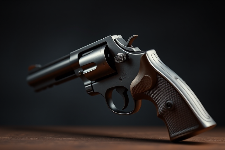 Generate an image of a classic revolver with a sleek silhouette, using a Canon EOS 5D Mark IV, aperture f/2.8, ISO 100, shutter speed 1/250s, in a side view with a soft focus background for enhanced clarity.
