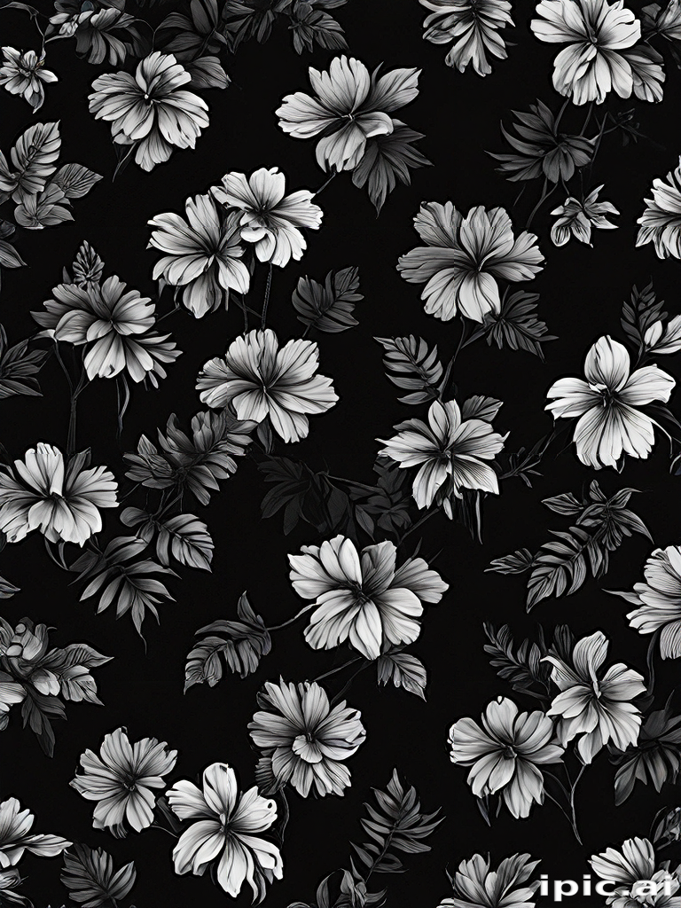 Elegant Black and White Floral Pattern with Lush Hibiscus Blooms and Leaves
