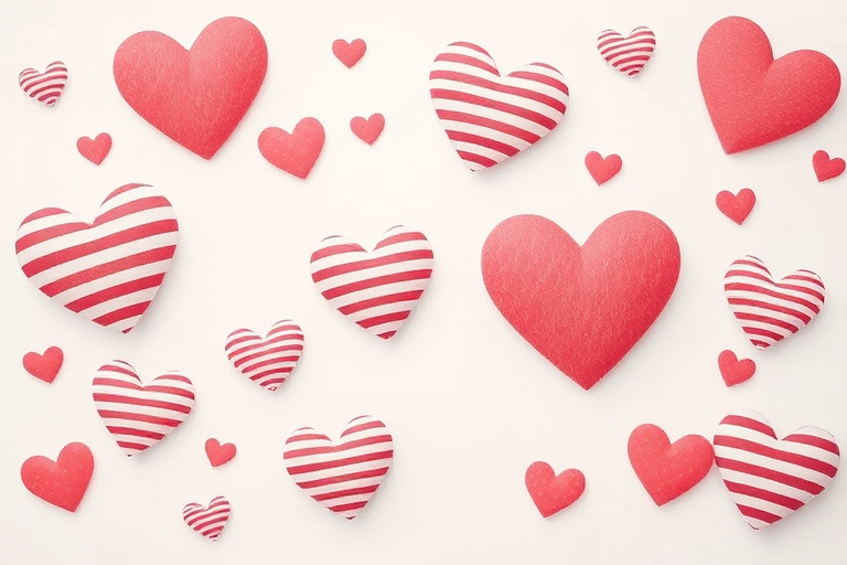 Create an illustration of hearts with stripes in various sizes and orientations on a light background, using a Canon EOS R6 camera, 50mm lens, f/2.8 aperture, ISO 100, and a soft focus effect to enhance the image quality.