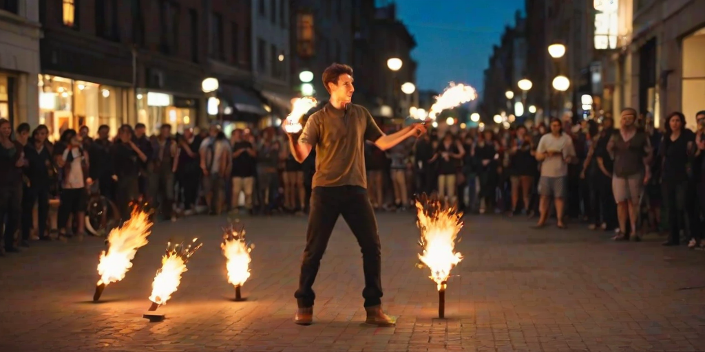 Blurry action shot of a street performer juggling flaming torches at dusk, sparks flying in the air, onlookers gathered around in awe, soft glow from nearby streetlights casting warm shadows, distant city buildings in the background.