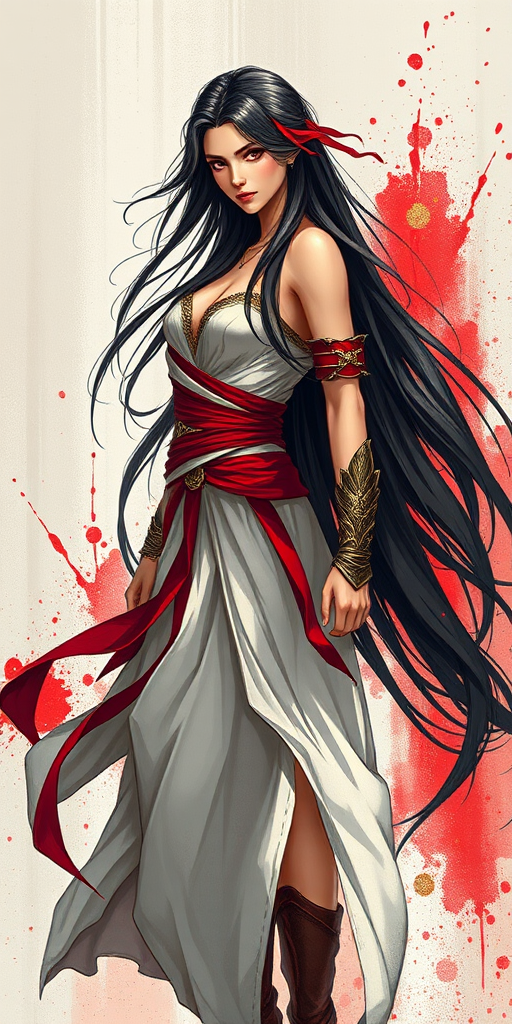 Create a high-resolution illustration of a mythical warrior woman in a flowing dress, with long black hair, vibrant red accents, and an abstract background featuring splashes of red and gold, captured with a DSLR camera at f/1.8, ISO 100, 50mm lens, natural lighting, shallow depth of field.