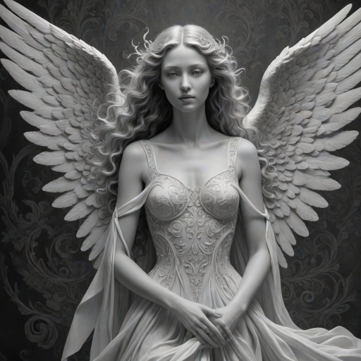 An angel, crafted in the unique style of Folk Art, as she unfolds herself against an ethereal backdrop, her wings softly billowing, face radiating a heavenly glow, every curl in her strikingly serene countenance finely brushed, monochrome, detailed techniques, ultra fine, breathtaking surreal masterpiece