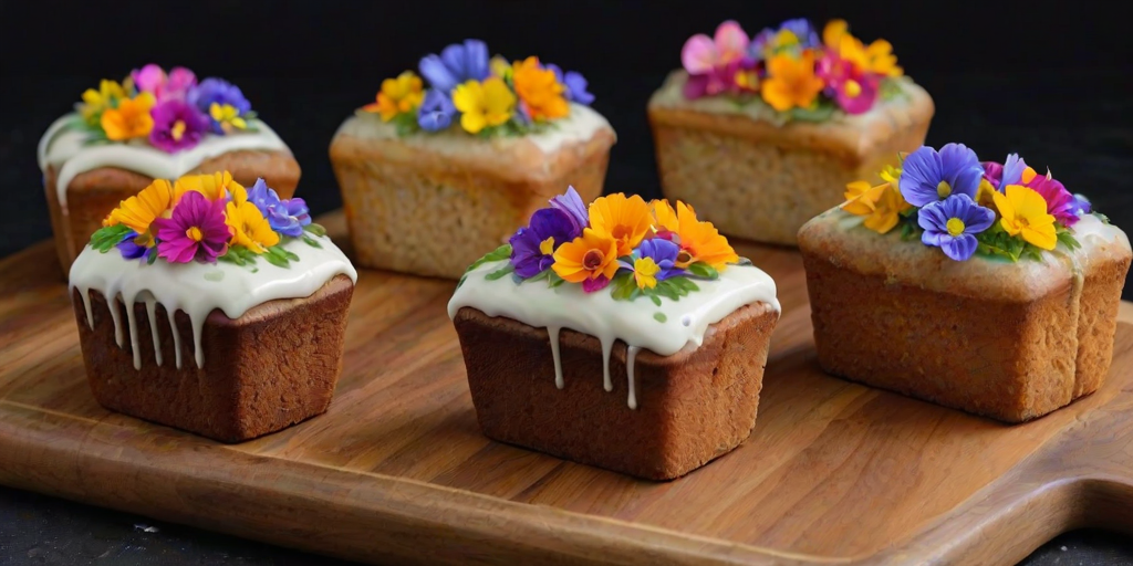 Generate an image of small loaf cakes topped with creamy frosting and colorful edible flowers, arranged neatly on a wooden cutting board with a dark background. The cakes should appear rich and moist, with a glossy drizzle of syrup on top.
