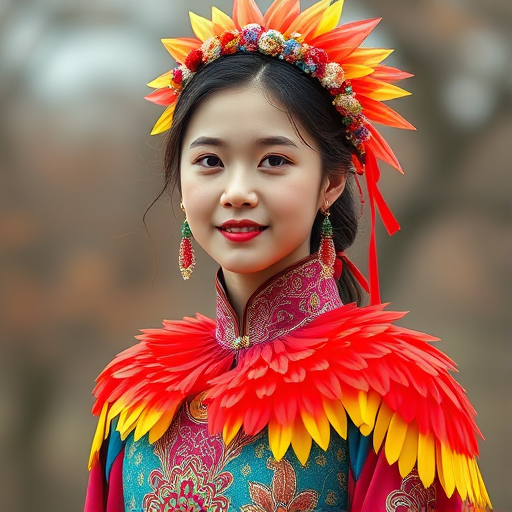 A beautiful Korean girl, wearing colorful bird clothing with vibrant colors