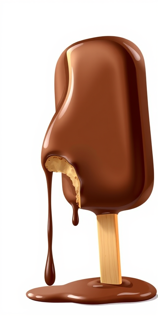 Generate an illustration of a chocolate ice cream bar with a bite taken out, featuring a glossy texture, wooden stick, and dripping chocolate, captured with a DSLR camera at f/2.8, 50mm lens, ISO 100, in natural lighting for enhanced detail and color vibrancy.