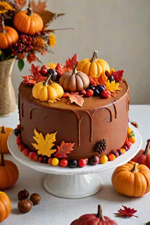 Create an image of a beautifully decorated cake featuring autumn elements. The cake should have a smooth white frosting and be adorned with vibrant fall leaves in shades of red, orange, and yellow. Include small pumpkins and berries for added decoration. The overall design should evoke a festive autumn atmosphere.