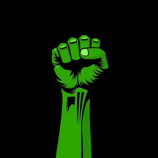 Create a high-resolution vector-style graphic of a raised green fist on a black background, using a Canon EOS R5 with a 50mm f/1.2 lens, ISO 100, aperture f/8, and 1/125 sec shutter speed for crisp details and vibrant colors.