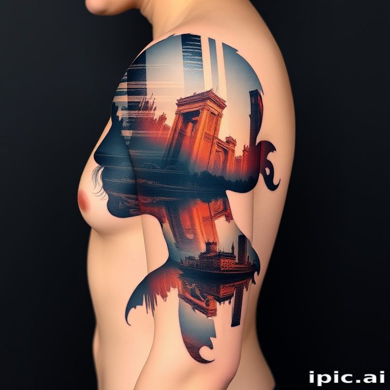 Surreal double exposure tattoo blending natural and urban landscapes within a human silhouette, seamless transition between contrasting elements, dreamy and thought-provoking visual narrative