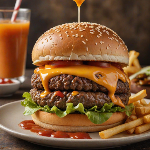 High-resolution, close-up image of a gourmet double cheeseburger. The burger features a glossy, sesame-seed-topped brioche bun. Inside, there are two thick, juicy beef patties, each topped with melted cheddar cheese. The burger is garnished with fresh lettuce, tomato slices, diced onions, and pickles. A generous amount of ketchup and a creamy, orange-colored sauce is dripping down the sides, adding to the mouth-watering appeal. In the background, there are blurred elements including a side of golden French fries and a hint of a beverage, enhancing the overall presentation of a delicious meal.