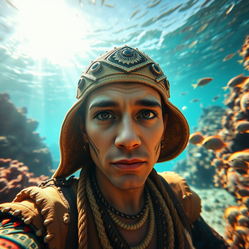 Realistic selfie image of a Aztec, wearing a vintage outfit, detailed dreamy eyes, droopy hooded eyes, staring at the camera, taken underwater at coral reef with a sunbeam filtering through the water, vibrant, summer vacation, natural lighting, turtle and school of tropical fish with vibrant colors, rendered in the style of CryEngine, Pegi Nicol MacLeod, with realistic genre scenes, hauntingly beautiful narratives, ultra-realism, and Thomas Saliot's close-up technique, 8K resolution, crystal clear and sparkling water.