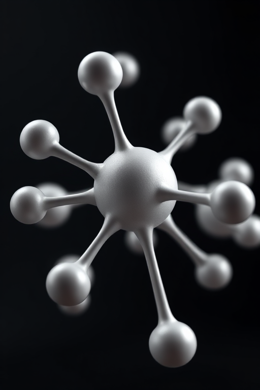 3D model of a molecular structure with spherical atoms and connecting rods, high detail, soft lighting, 50mm lens, f/8 aperture, ISO 100, 1/60s shutter speed, slight perspective view, rendered with a CGI style.