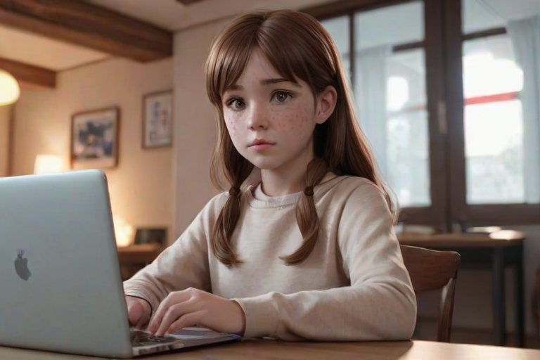 i want the whole image to be created in 3D anime style, 1girl, solo, looking at viewer, blush, brown hair, long sleeves, closed mouth, indoors, blurry, black eyes, child, freckles, head rest, female child, computer, laptop