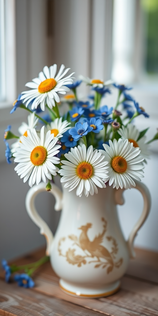 Generate a high-resolution image of a bouquet of daisies and blue cornflowers in a vintage ceramic pitcher, soft focus background, natural lighting, shot from a slightly elevated angle, using a DSLR camera with a 50mm lens, aperture set to f/2.8, ISO 200, and shutter speed of 1/125 sec.