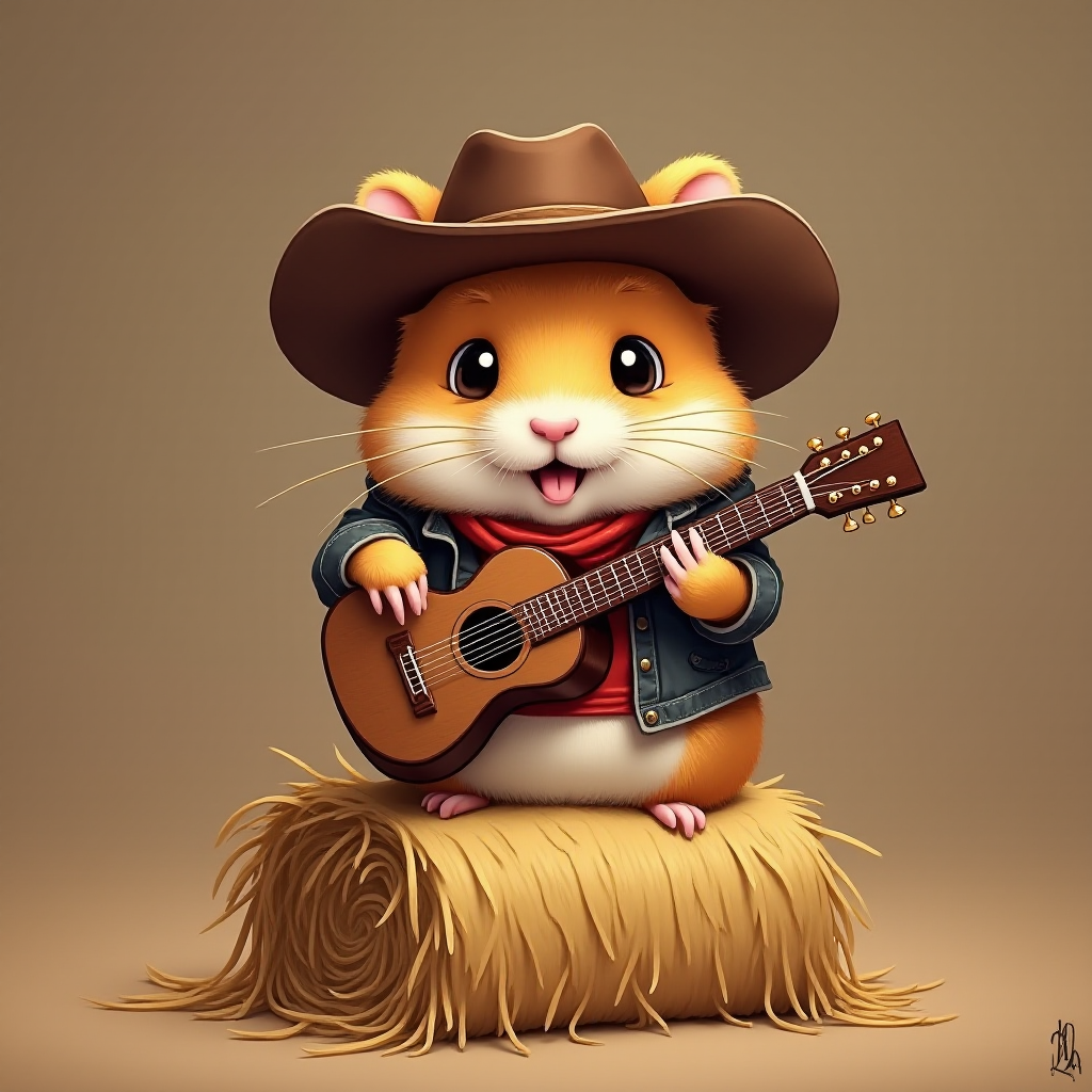 A chibi hamster, dressed as a cowboy, playing guitar, sitting on a hay bale