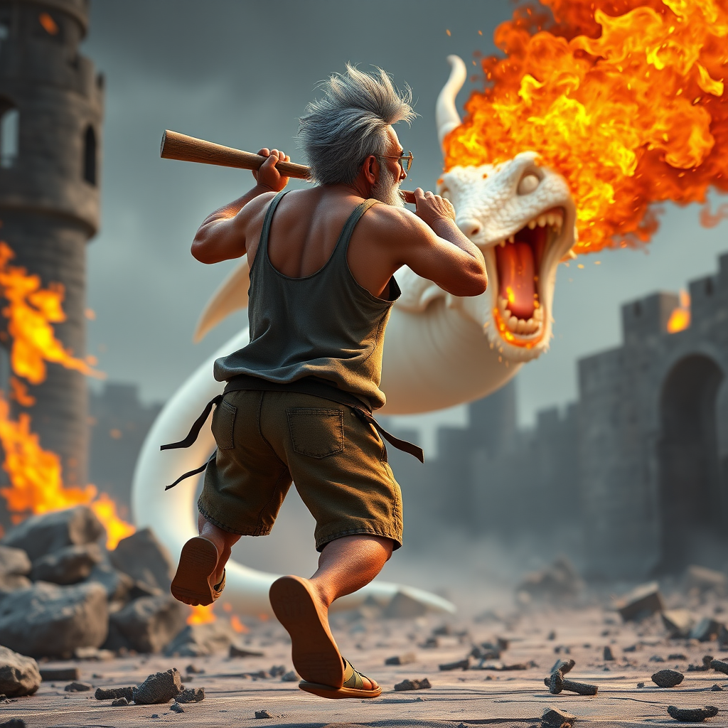 Cartoon 3D High-Resolution,dynamic battle scene using Unreal Engine 5 and Octane Render. The scene features back of an elderly, thai man with a beard,messy hair and round golden-rimmed glasses. He is wearing a tattered tank top with soot marks, shorts, and sandals. sweating. he wields a baseball bat. He jump to fight with a white fire-breathing Europe dragon amidst a partially destroyed stone castle. Include intense flames, smoke, and debris to enhance the dramatic effect.