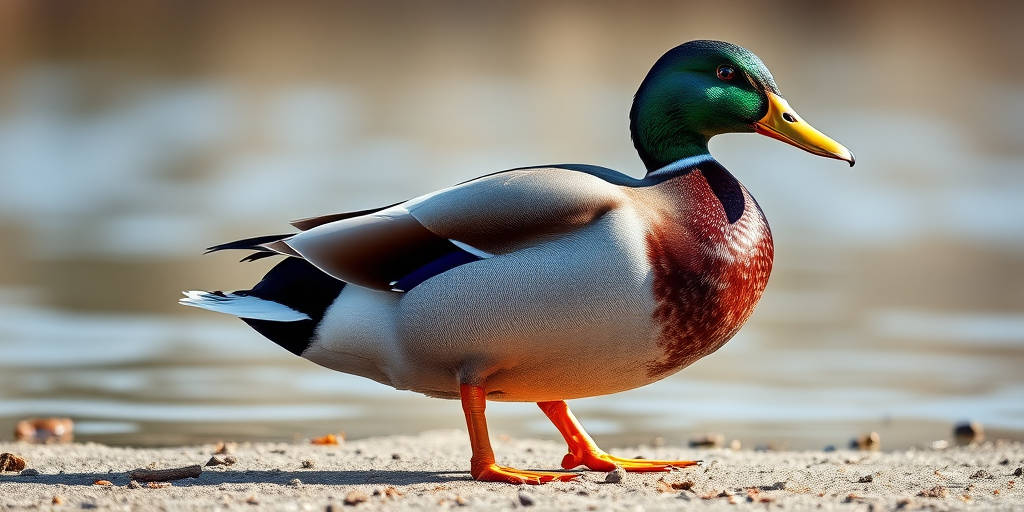 Create a highly detailed digital illustration of a standing mallard duck with vibrant colors and a smooth texture, using a Canon EOS 5D Mark IV camera at f/4 aperture, 1/200s shutter speed, ISO 400, shot from a low angle with natural lighting for enhanced clarity and focus.