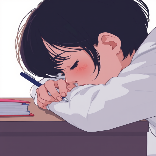 Create an illustration of a person resting their head on a desk with a pen in hand, using soft pastel colors, add a subtle drop shadow for depth, shot from a slightly elevated perspective, using a digital art style with high resolution settings.