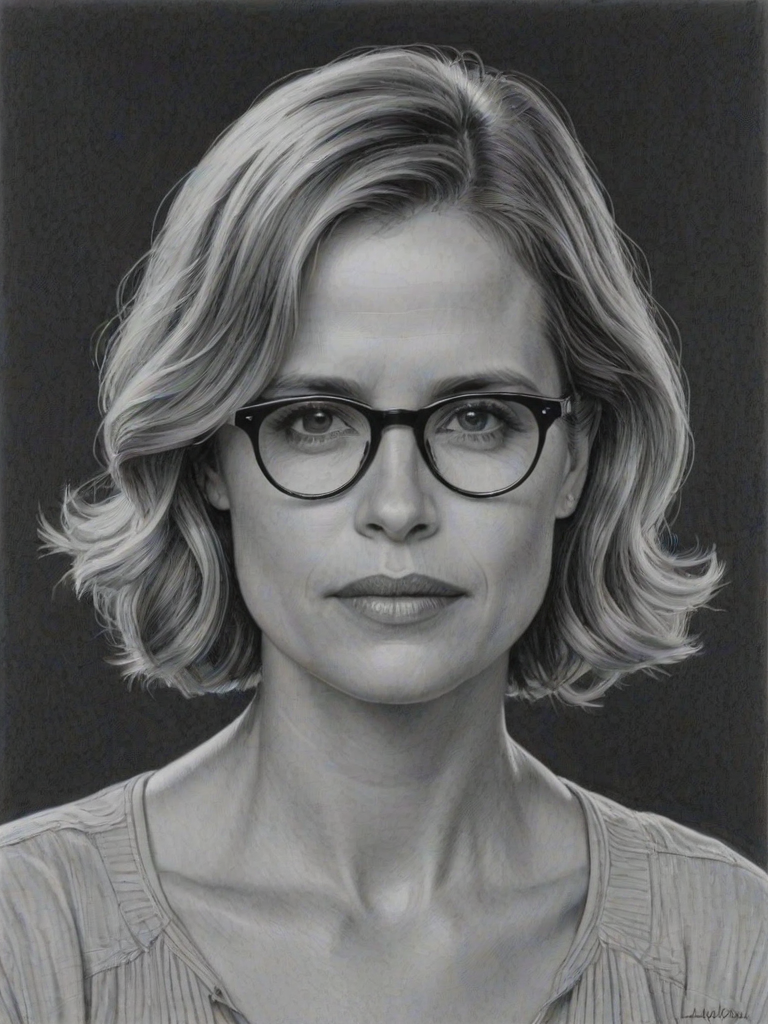 Enchanting Kim Dickens, pencil sketch, portrait of Wonderful woman 1931s in glasses, hair style beatnik, outline, clear lines, fine lines, 8k